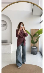 Çizgili Şallı Gömlek - Bordo-Gri - Kod: 5046