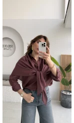 Çizgili Şallı Gömlek - Bordo-Gri - Kod: 5046