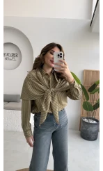 Çizgili Şallı Gömlek - Haki-Bej - Kod: 5046