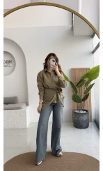 Çizgili Şallı Gömlek - Haki-Bej - Kod: 5046