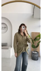 Çizgili Şallı Gömlek - Haki-Bej - Kod: 5046