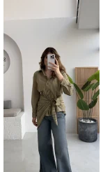 Çizgili Şallı Gömlek - Haki-Bej - Kod: 5046