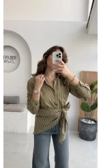 Çizgili Şallı Gömlek - Haki-Bej - Kod: 5046