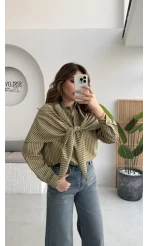 Çizgili Şallı Gömlek - Haki-Bej - Kod: 5046