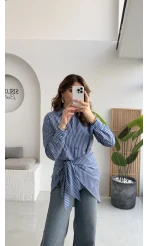 Çizgili Şallı Gömlek - Gri-Mavi - Kod: 5046