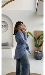 Çizgili Şallı Gömlek - Gri-Mavi - Kod: 5046