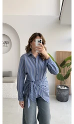 Çizgili Şallı Gömlek - Gri-Mavi - Kod: 5046