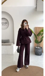 Nancy Kuşaklı Kot Gabardin Takım - Mürdüm - Kod: 6001