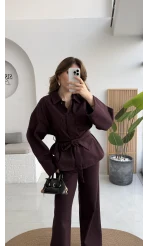 Nancy Kuşaklı Kot Gabardin Takım - Mürdüm - Kod: 6001