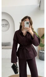 Nancy Kuşaklı Kot Gabardin Takım - Mürdüm - Kod: 6001