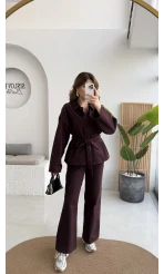 Nancy Kuşaklı Kot Gabardin Takım - Mürdüm - Kod: 6001