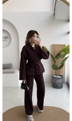 Nancy Kuşaklı Kot Gabardin Takım - Mürdüm - Kod: 6001