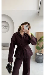 Nancy Kuşaklı Kot Gabardin Takım - Mürdüm - Kod: 6001