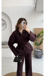 Nancy Kuşaklı Kot Gabardin Takım - Mürdüm - Kod: 6001