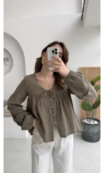 Peri İnci Detay Haki Bluz