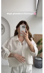 Tensel V Yaka Çizgili Gömlek - Beyaz - Kod: 4758