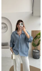 İndigo Mavi Oversize Tensel Gömlek Kod: 4612