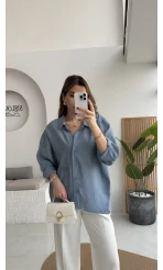 İndigo Mavi Oversize Tensel Gömlek Kod: 4612