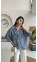 İndigo Mavi Oversize Tensel Gömlek Kod: 4612