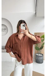 Kızıl Kahve Oversize Tensel Gömlek - Kod: 4612