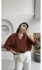 Kızıl Kahve Oversize Tensel Gömlek - Kod: 4612