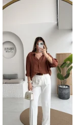 Kızıl Kahve Oversize Tensel Gömlek - Kod: 4612