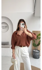 Kızıl Kahve Oversize Tensel Gömlek - Kod: 4612