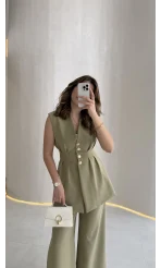 Alira Gold Düğmeli Bel Pile Detaylı Yelek Takım - Mint - Kod: 8011