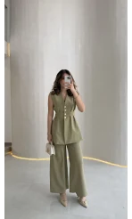 Alira Gold Düğmeli Bel Pile Detaylı Yelek Takım - Mint - Kod: 8011