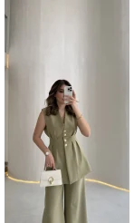 Alira Gold Düğmeli Bel Pile Detaylı Yelek Takım - Mint - Kod: 8011