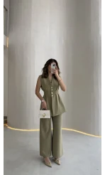 Alira Gold Düğmeli Bel Pile Detaylı Yelek Takım - Mint - Kod: 8011