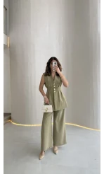 Alira Gold Düğmeli Bel Pile Detaylı Yelek Takım - Mint - Kod: 8011