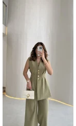 Alira Gold Düğmeli Bel Pile Detaylı Yelek Takım - Mint - Kod: 8011