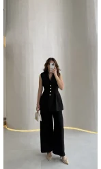 Alira Gold Düğmeli Bel Pile Detaylı Yelek Takım - Siyah - Kod: 8011
