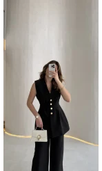 Alira Gold Düğmeli Bel Pile Detaylı Yelek Takım - Siyah - Kod: 8011