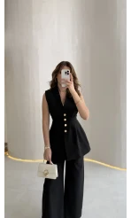 Alira Gold Düğmeli Bel Pile Detaylı Yelek Takım - Siyah - Kod: 8011