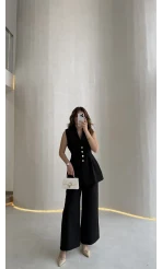 Alira Gold Düğmeli Bel Pile Detaylı Yelek Takım - Siyah - Kod: 8011