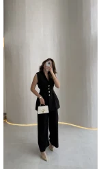 Alira Gold Düğmeli Bel Pile Detaylı Yelek Takım - Siyah - Kod: 8011