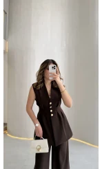 Alira Gold Düğmeli Bel Pile Detaylı Yelek Takım - Acı Kahve - Kod: 8011