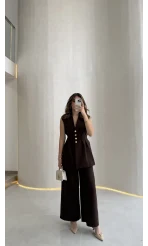 Alira Gold Düğmeli Bel Pile Detaylı Yelek Takım - Acı Kahve - Kod: 8011