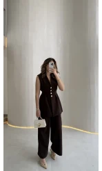 Alira Gold Düğmeli Bel Pile Detaylı Yelek Takım - Acı Kahve - Kod: 8011