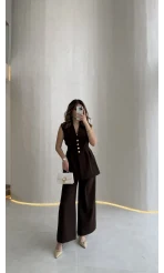 Alira Gold Düğmeli Bel Pile Detaylı Yelek Takım - Acı Kahve - Kod: 8011