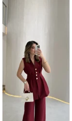 Alira Gold Düğmeli Bel Pile Detaylı Yelek Takım - Bordo - Kod: 8011