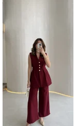 Alira Gold Düğmeli Bel Pile Detaylı Yelek Takım - Bordo - Kod: 8011