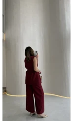 Alira Gold Düğmeli Bel Pile Detaylı Yelek Takım - Bordo - Kod: 8011