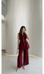Alira Gold Düğmeli Bel Pile Detaylı Yelek Takım - Bordo - Kod: 8011