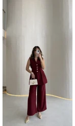 Alira Gold Düğmeli Bel Pile Detaylı Yelek Takım - Bordo - Kod: 8011
