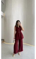 Alira Gold Düğmeli Bel Pile Detaylı Yelek Takım - Bordo - Kod: 8011