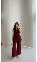 Alira Gold Düğmeli Bel Pile Detaylı Yelek Takım - Bordo - Kod: 8011