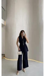 Alira Gold Düğmeli Bel Pile Detaylı Yelek Takım - Lacivert - Kod: 8011